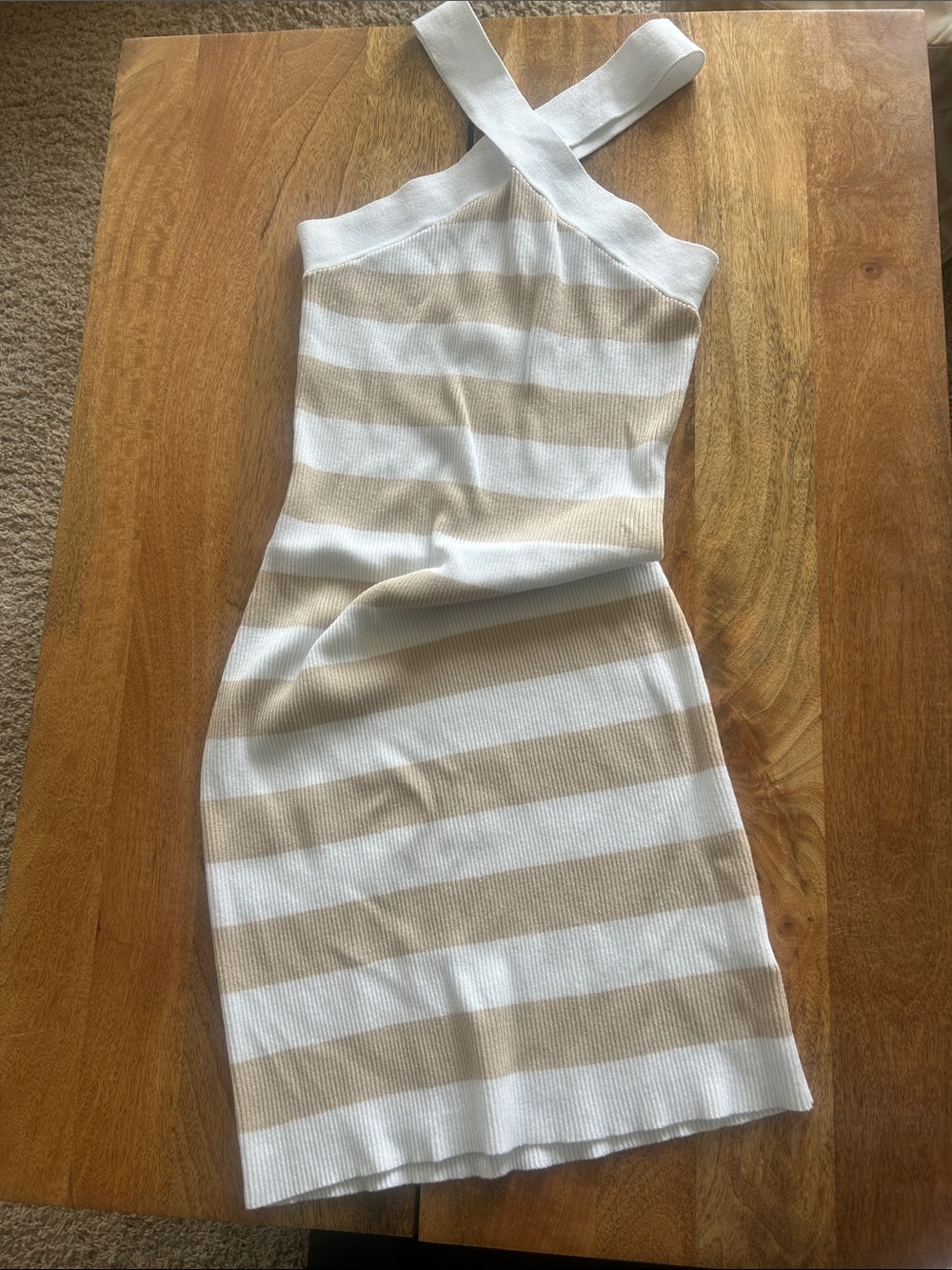 Striped Cross-Back Knit Bodycon Dress in Cream and Tan by House of Harlow